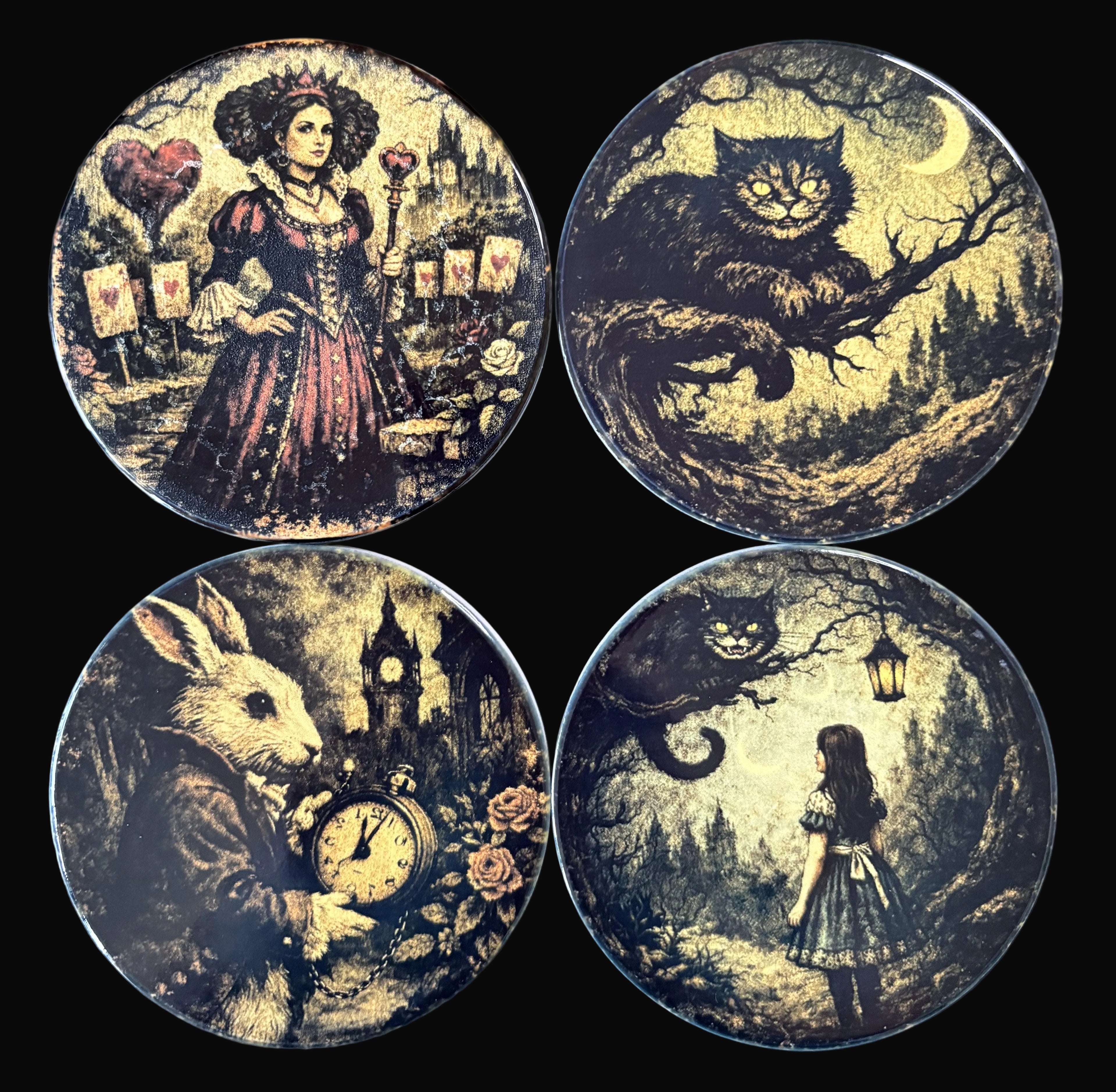 Four circular coasters with vintage-style illustrations on a dark background