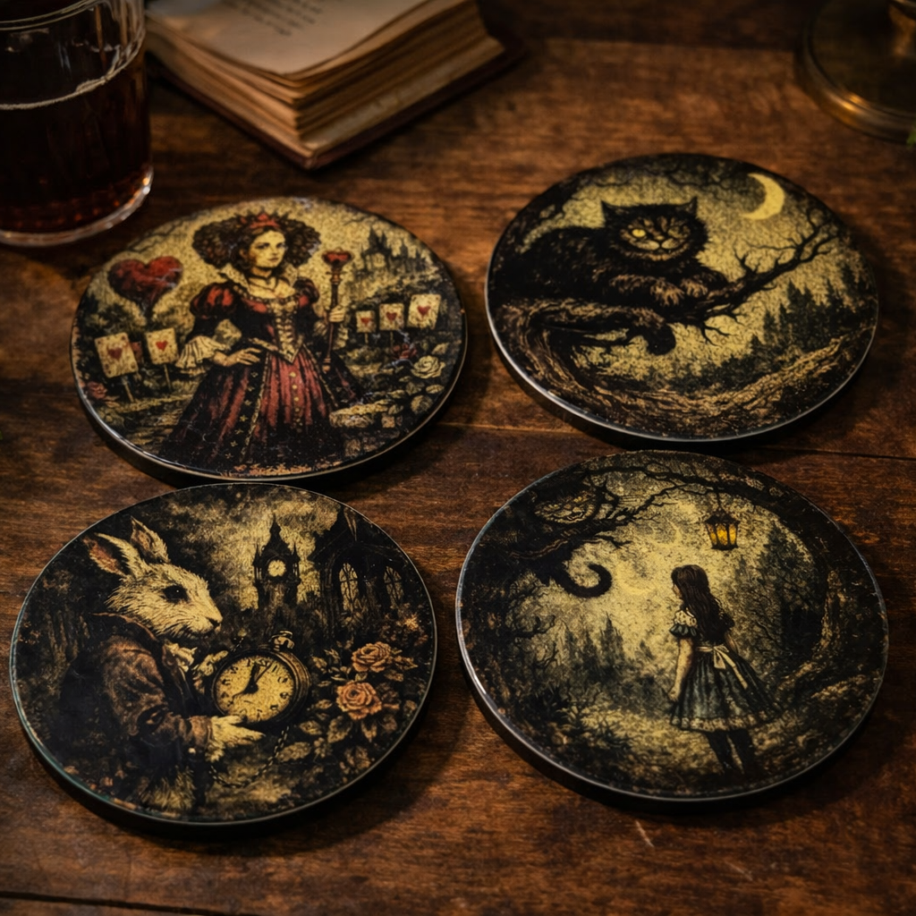 Set of four dark-themed coasters with illustrations on a wooden surface.