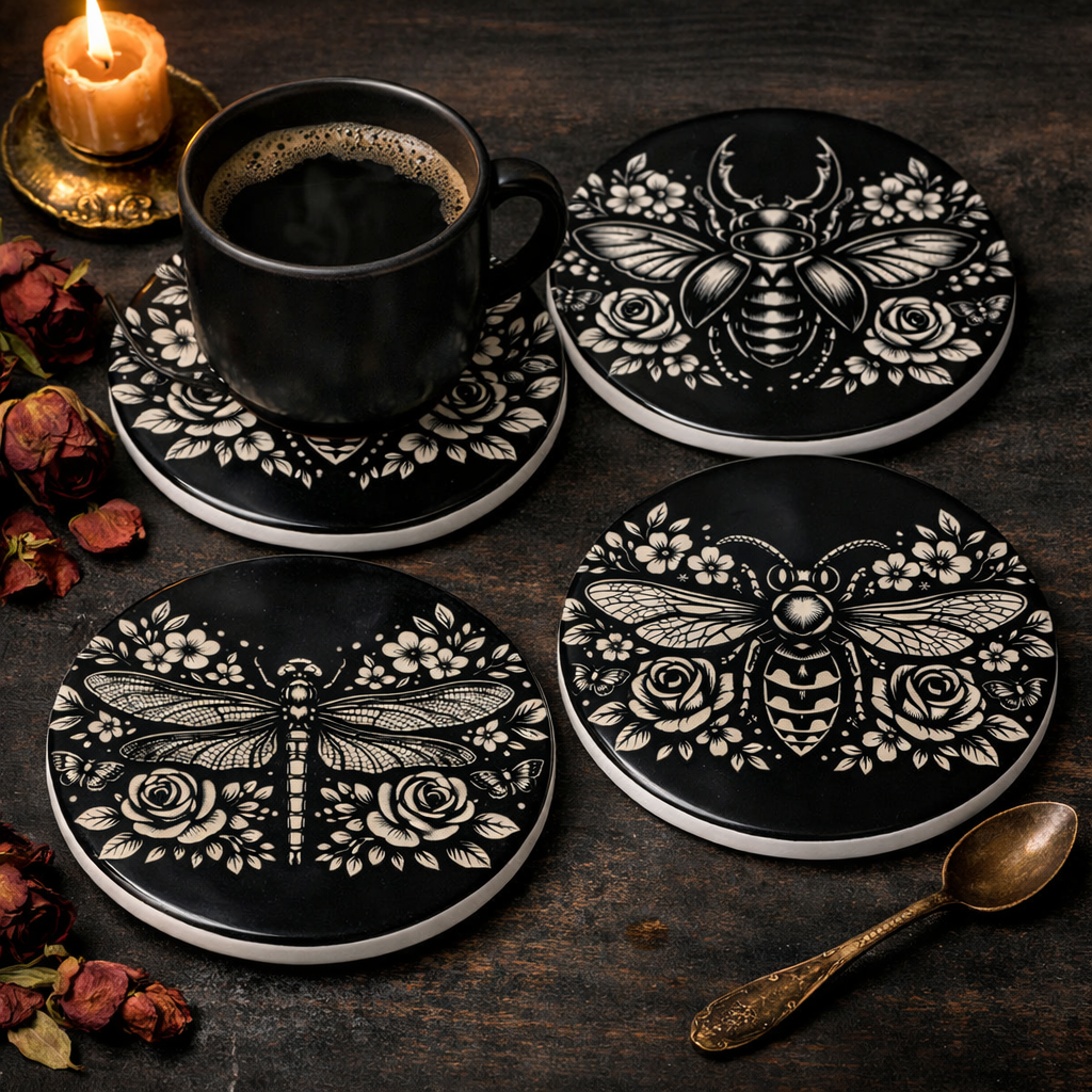 Winged Bloom Coasters | Gothic Botanical Set