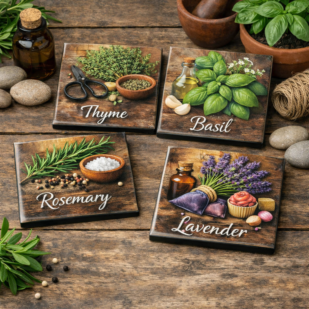 A rustic, botanical set featuring realistic illustrations of Basil, Rosemary, Thyme, and Lavander. These are the only coasters in your range that include herb names, giving them a charming kitchen friendly feel.
