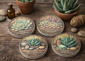 Set of four decorative coasters with plant illustrations on a wooden surface.