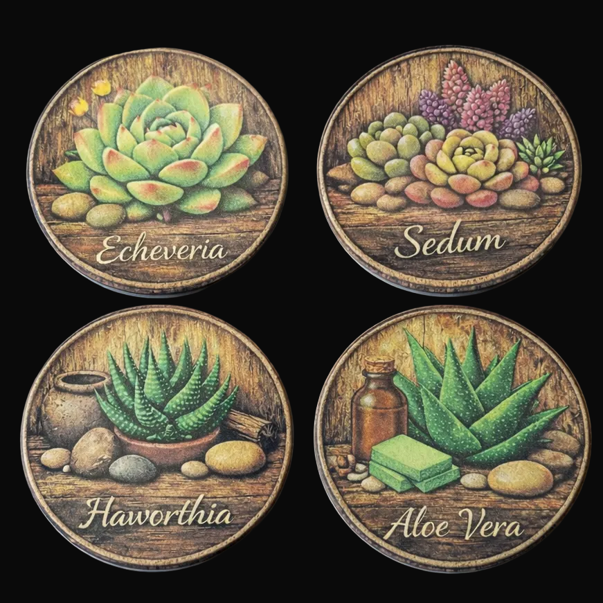 Set of four ceramic coasters with illustrations of succulents and their names on a black background.