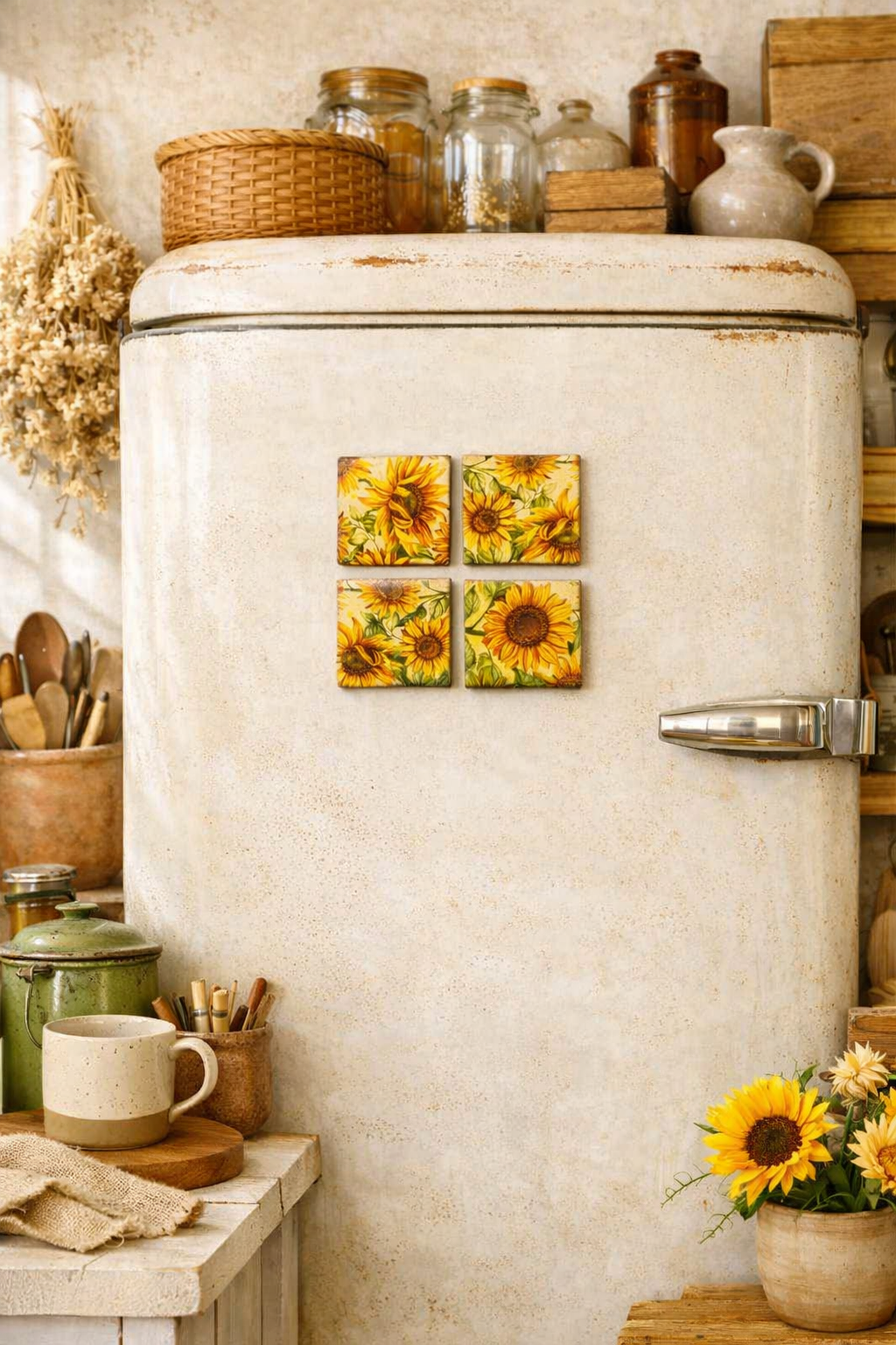 Vintage refrigerator with sunflower decorations in a rustic kitchen setting