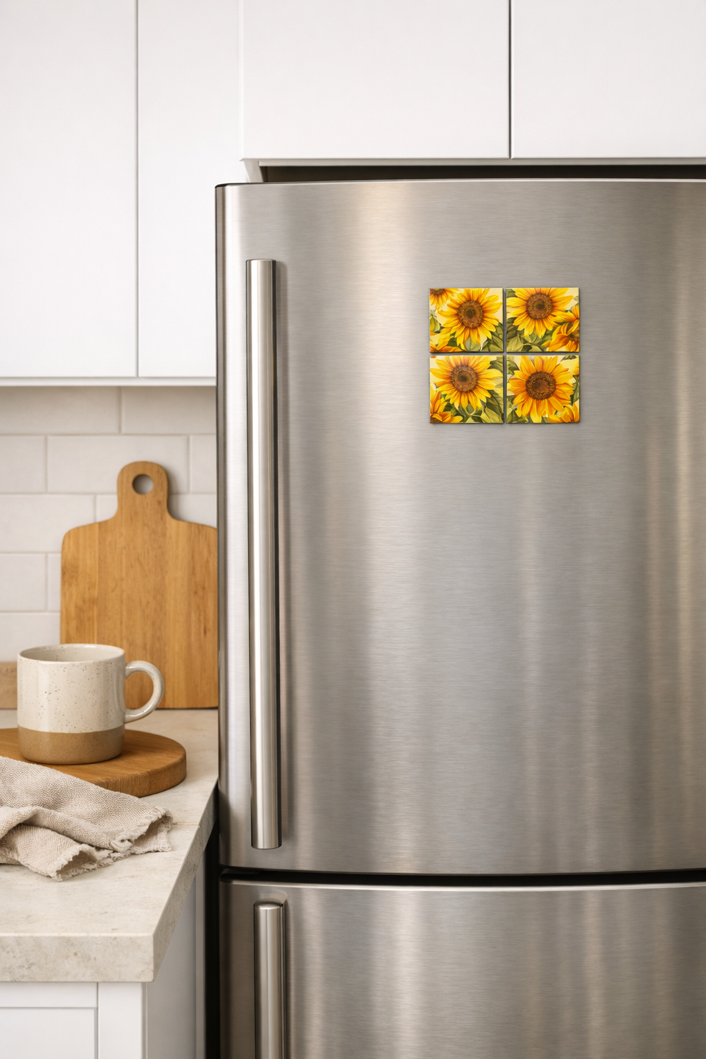 Stainless steel refrigerator with sunflower magnet in a kitchen setting