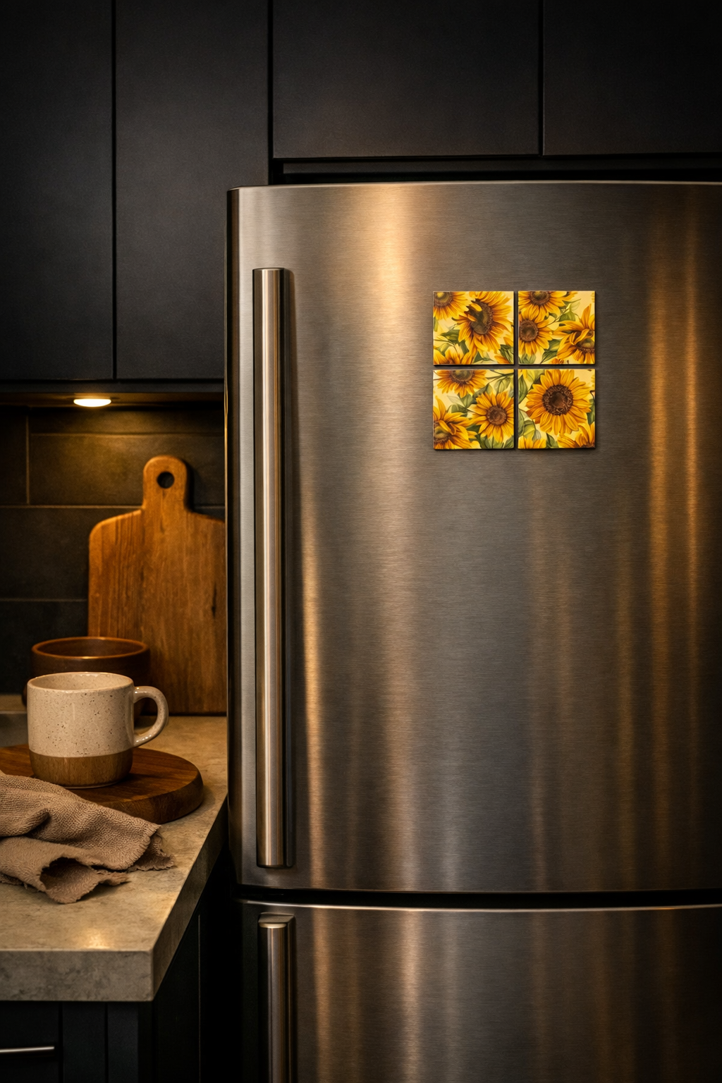 Stainless steel refrigerator with sunflower magnets in a kitchen setting