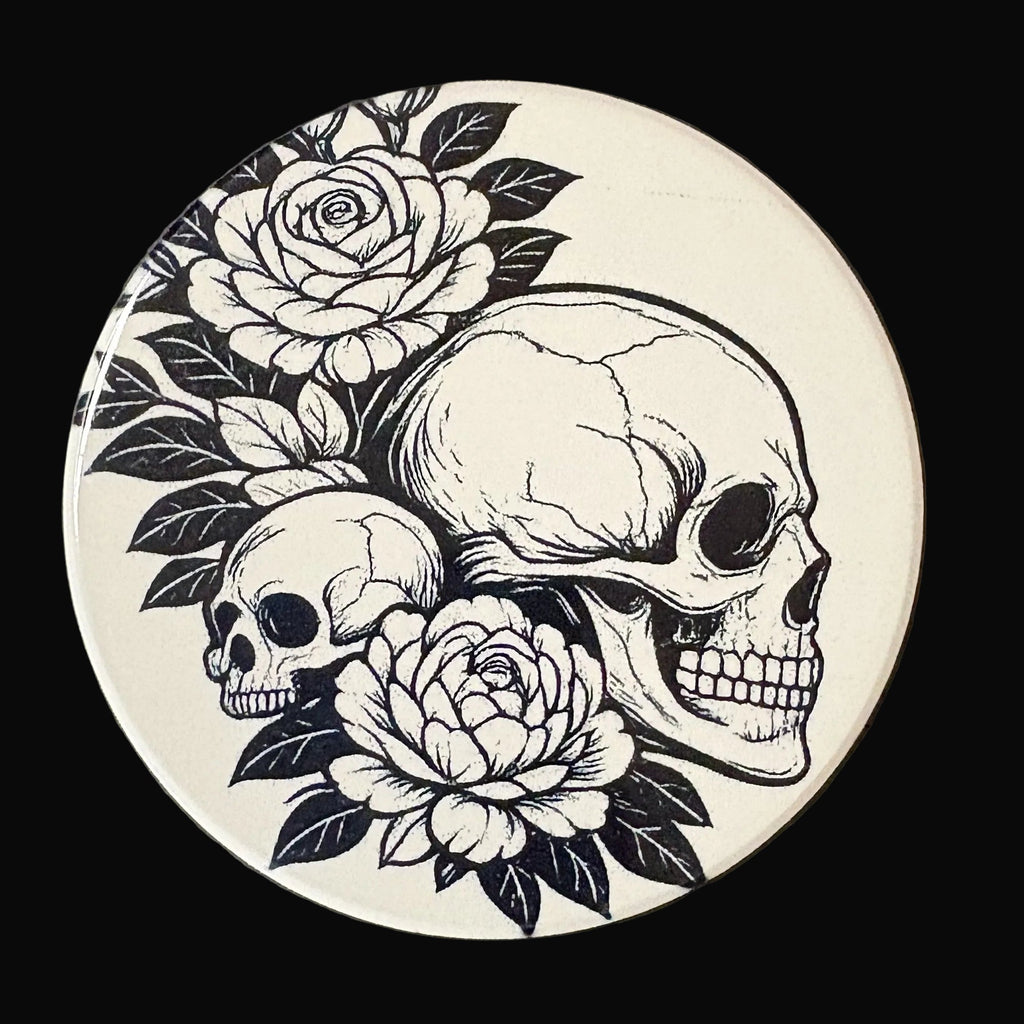 Circular design with skulls and flowers on a dark background