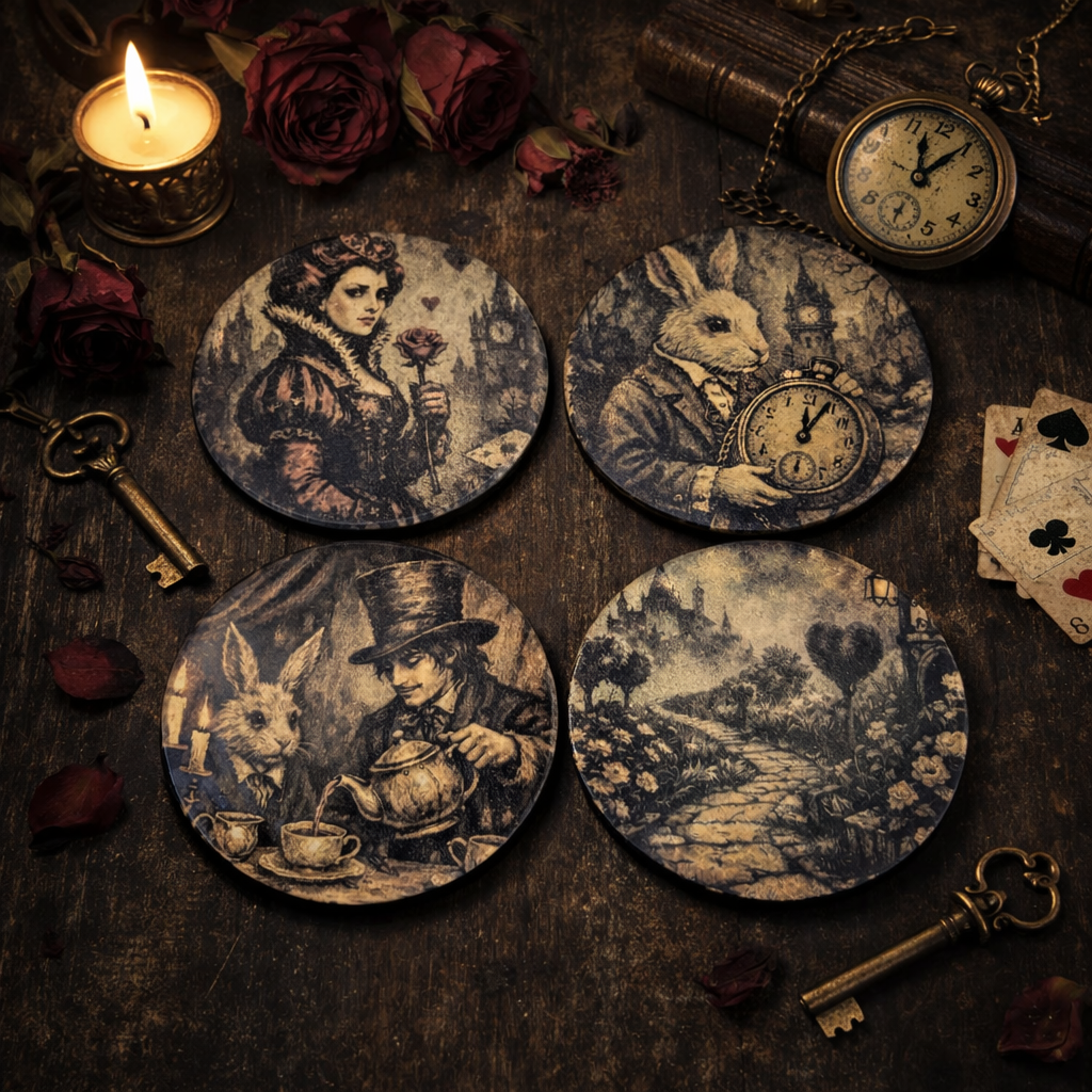 Set of four decorative coasters with vintage illustrations on a dark surface with candles and keys.