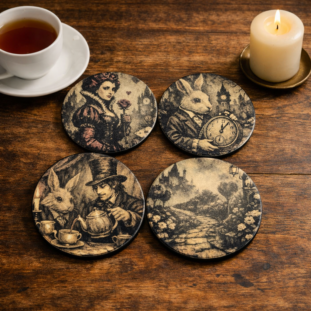 Four round coasters with vintage-style black and sepia illustrations of rabbits, a clock, a woman and rabbit, and a landscape path, arranged on a wooden table with a cup of tea and a lit candle nearby.