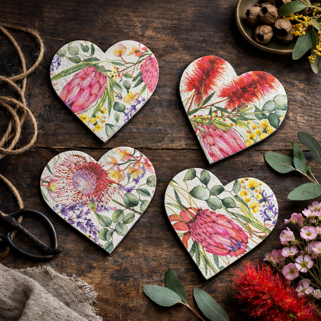 Four heart-shaped magnets with colorful watercolor floral prints, arranged on a dark rustic wooden tabletop with decorative props including twine, scissors, eucalyptus leaves, and flowers.