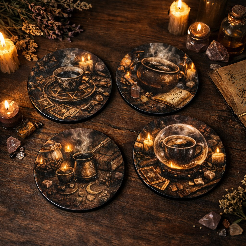 Set of four coasters with mystical designs on a wooden surface with candles and crystals.