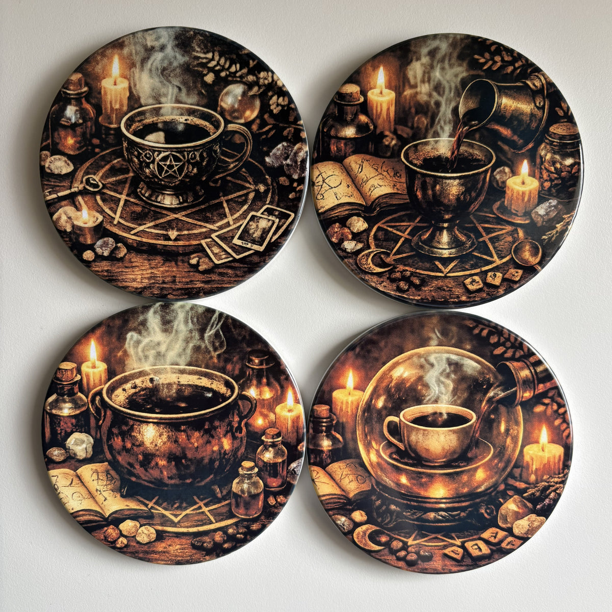 Set of four coasters with vintage-style illustrations of cups, candles, and books on a dark background.