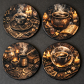 Set of four coasters with vintage-style illustrations of cups, candles, and books on a dark background.