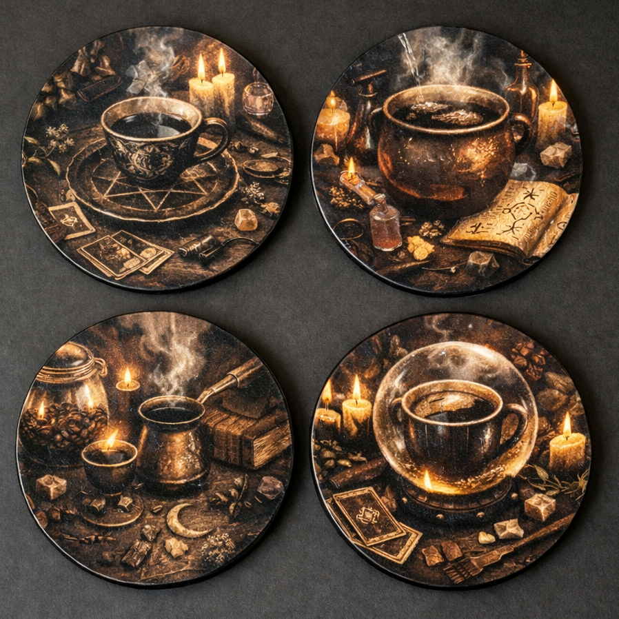 Set of four coasters with vintage-style illustrations of cups, candles, and books on a dark background.
