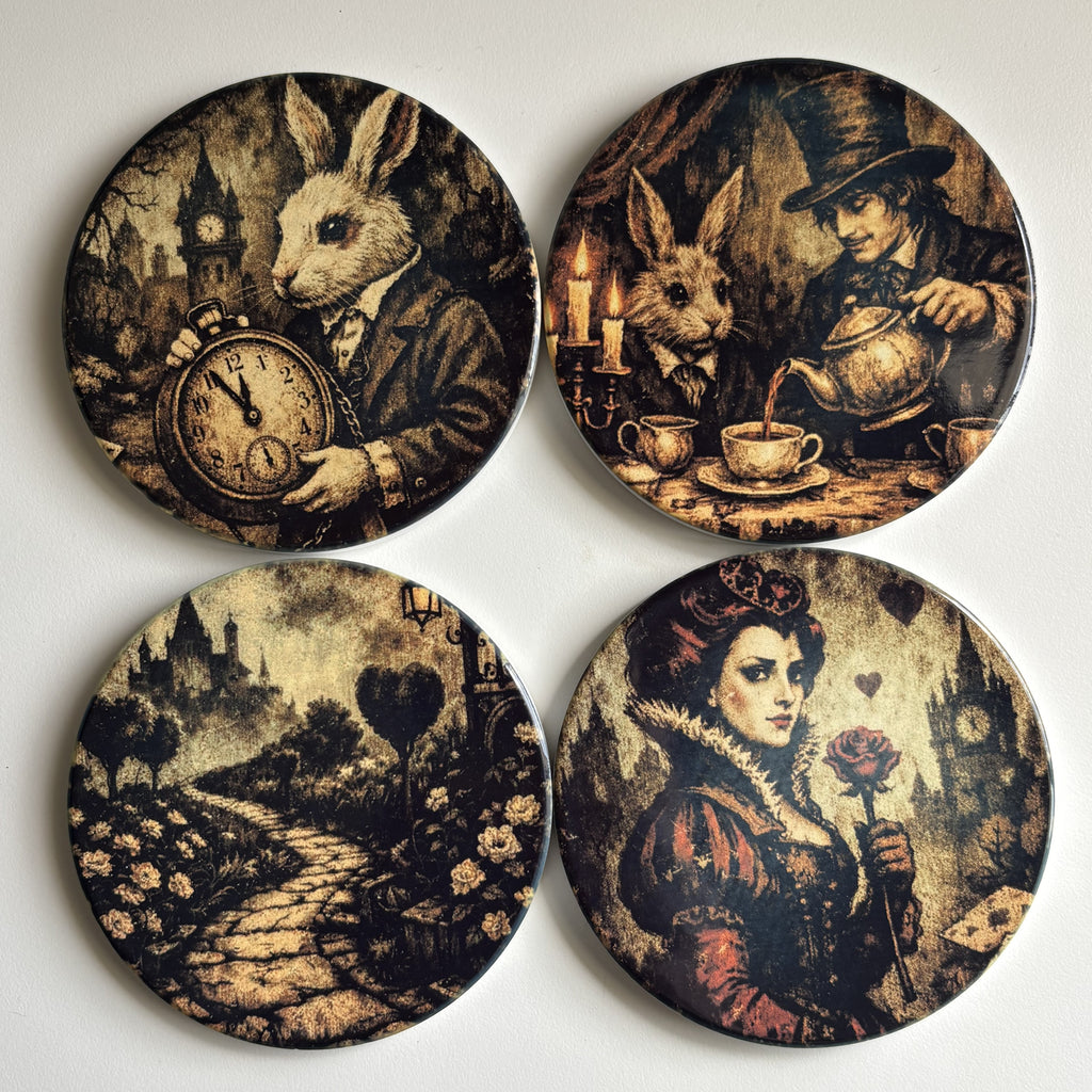 Four round decorative coasters featuring vintage steampunk-style illustrations, arranged in a 2x2 grid on a plain light background. The designs include a rabbit with a pocket watch, a tea-time scene with a rabbit and man, a fantasy landscape path, and a crowned figure holding a rose.