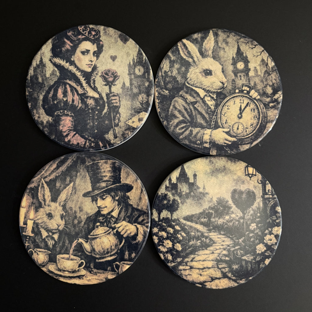 Four circular coasters with vintage-themed illustrations on a black background