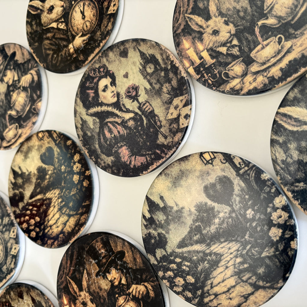 A collection of round decorative coasters with vintage-style illustrated designs, featuring sepia-toned scenes and characters on a white background.