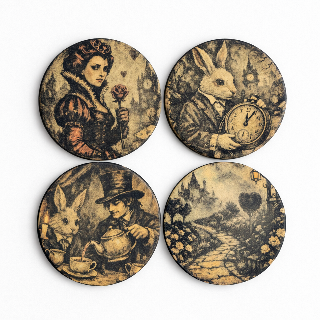 Four round coasters featuring vintage-style illustrations of a woman and rabbit in sepia tones, arranged in a 2x2 grid on a white background.