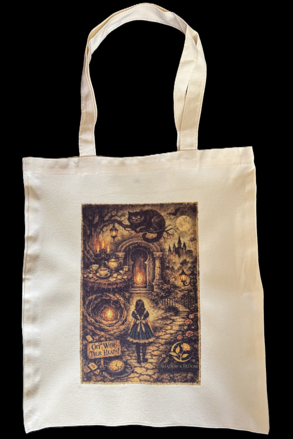 Tote bag with a printed design featuring a cat, table, and person in a dark setting.