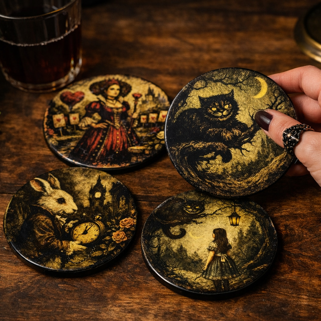 Hand holding a decorative coaster with a black cat design on a wooden surface with other similar coasters.