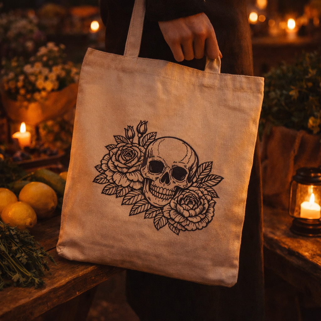 Tote bag with skull and floral design held by a person in a dimly lit setting.